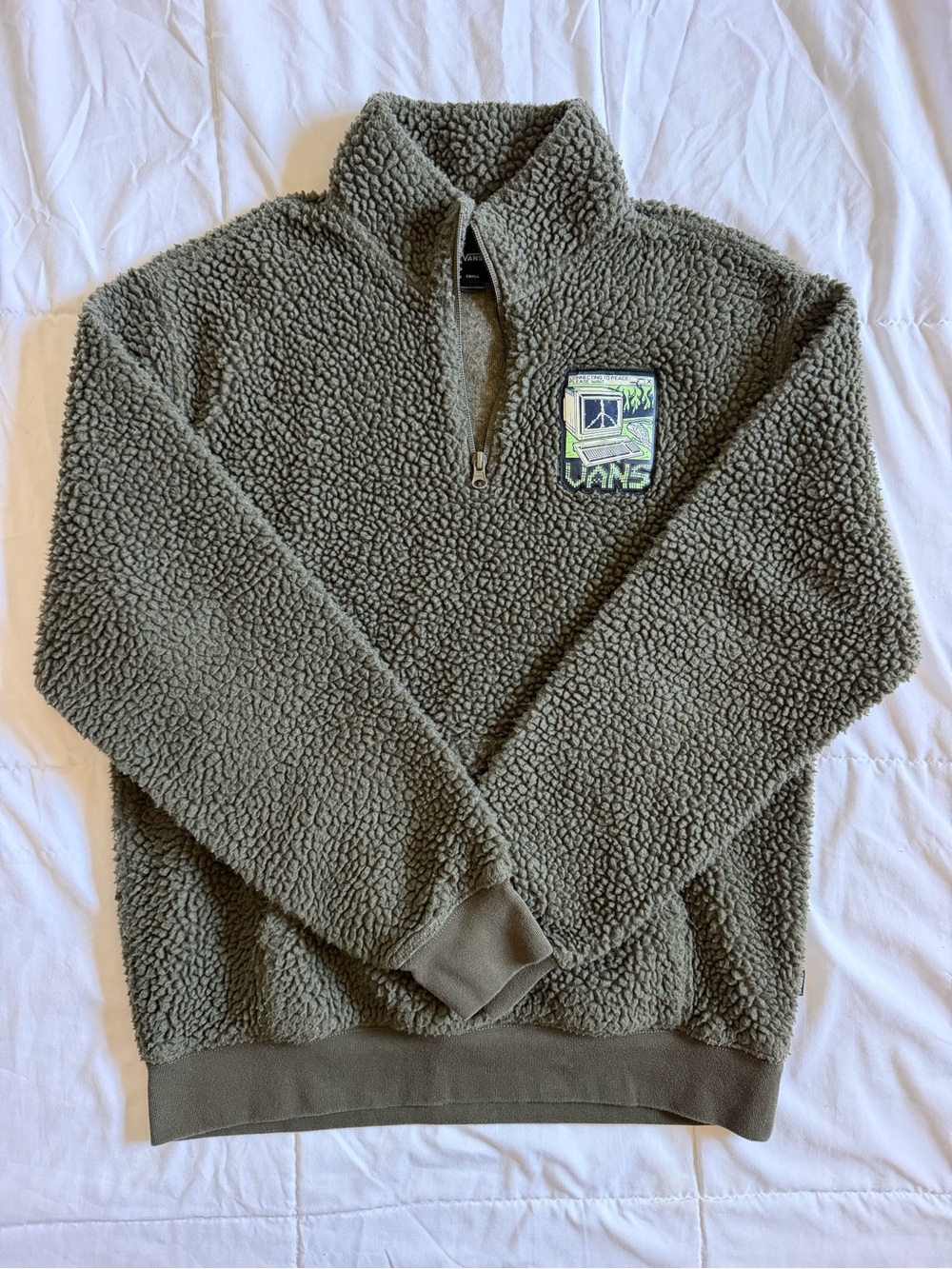 Vans Sherpa Fleece Quarter Zip Pullover Olive Green Retro Computer Size Small